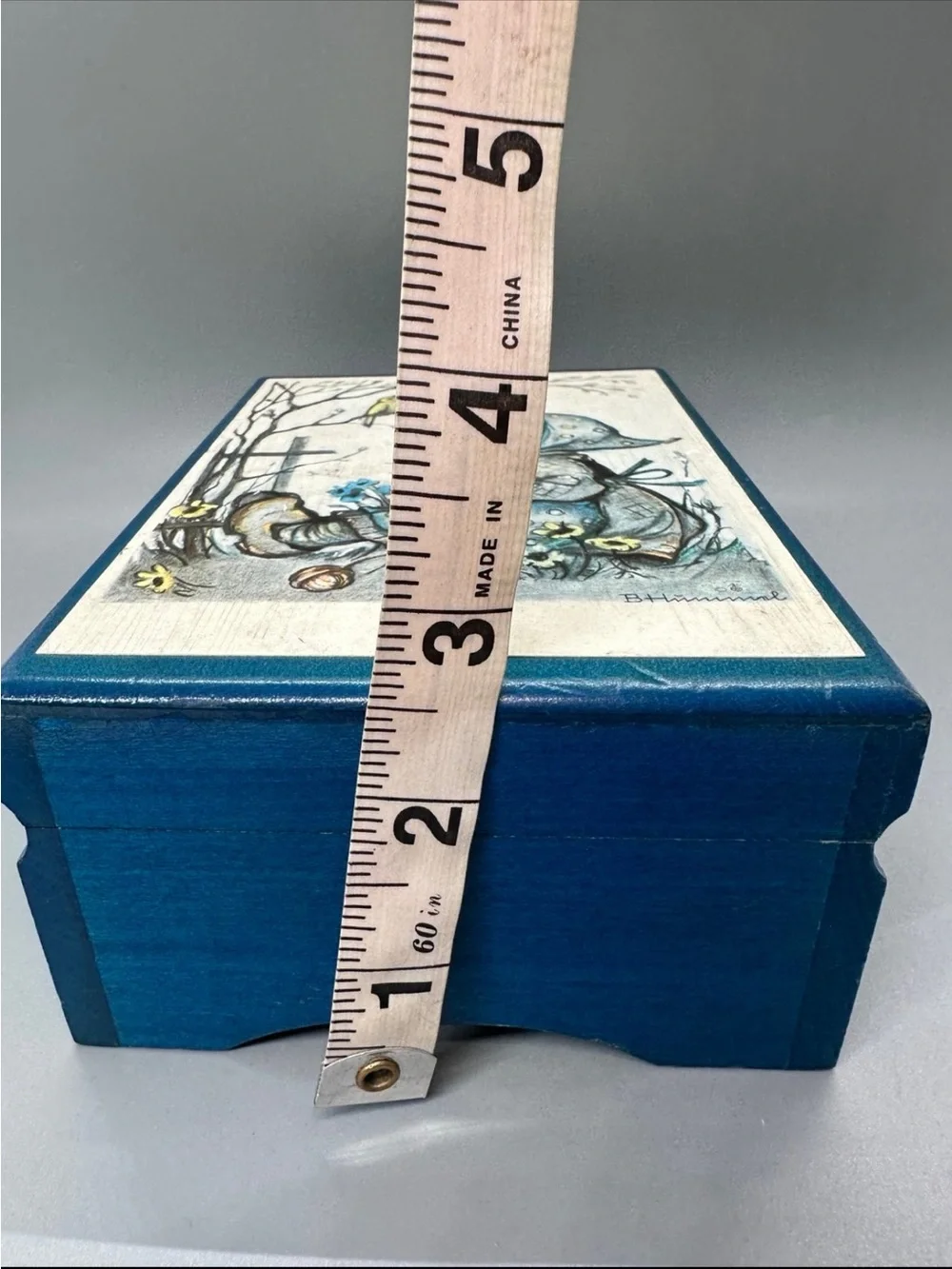 Vintage Hummel Blue Wooden Music Jewelry Box with Girl and Bird Artwork Works